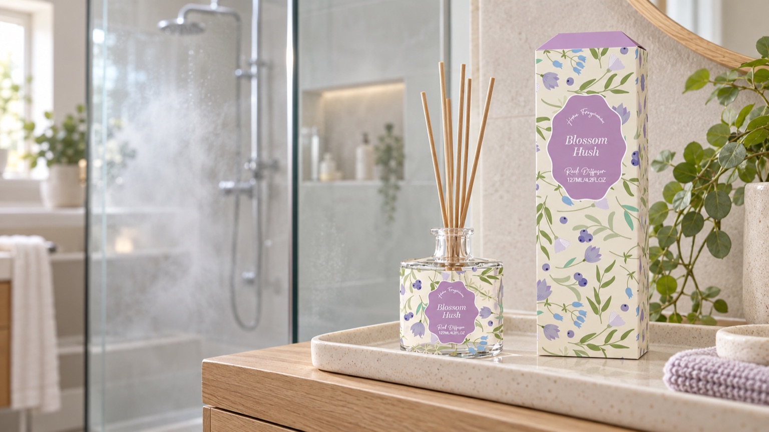 Bathroom reed diffuser placed on a dry vanity away from shower steam and splashes