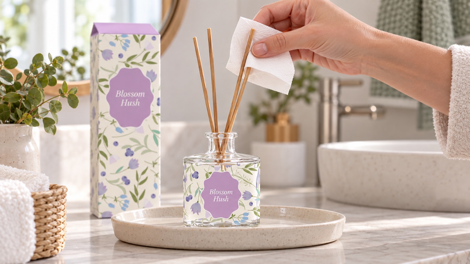 Person safely flipping one bathroom diffuser reed with a tissue over a protective tray