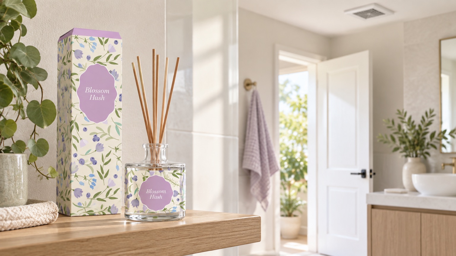 Blossom Hush reed diffuser positioned in a ventilated bathroom away from the ceiling extractor fan