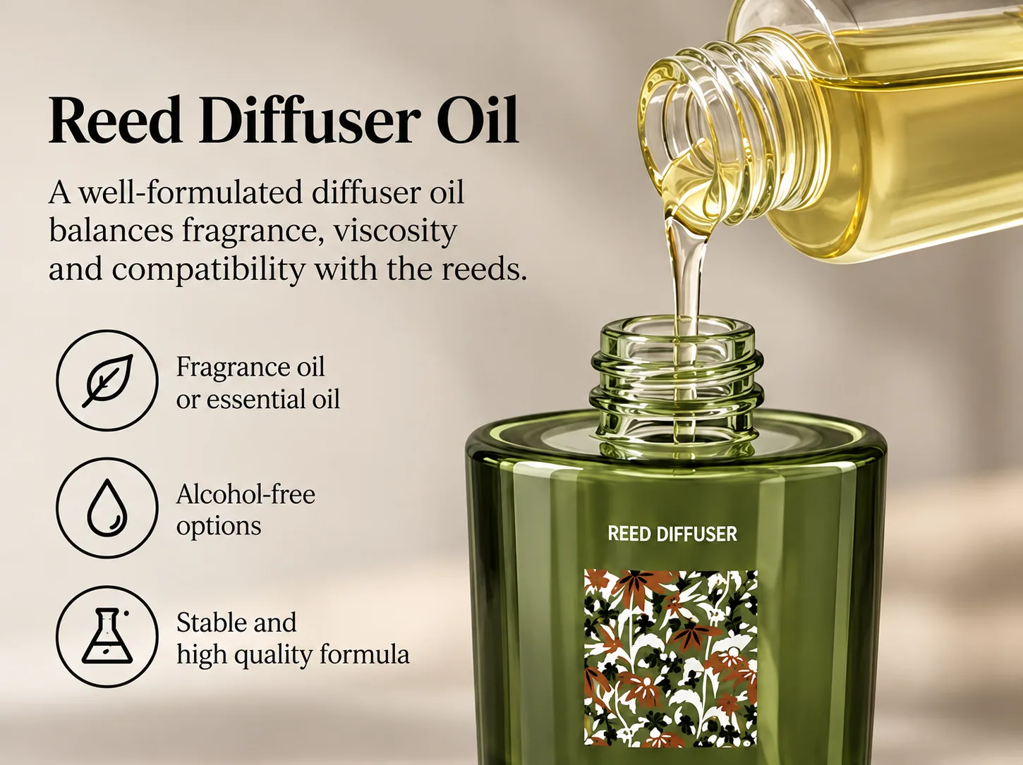 Reed diffuser oil being poured into a green glass bottle with notes on fragrance balance, alcohol-free options and formula stability