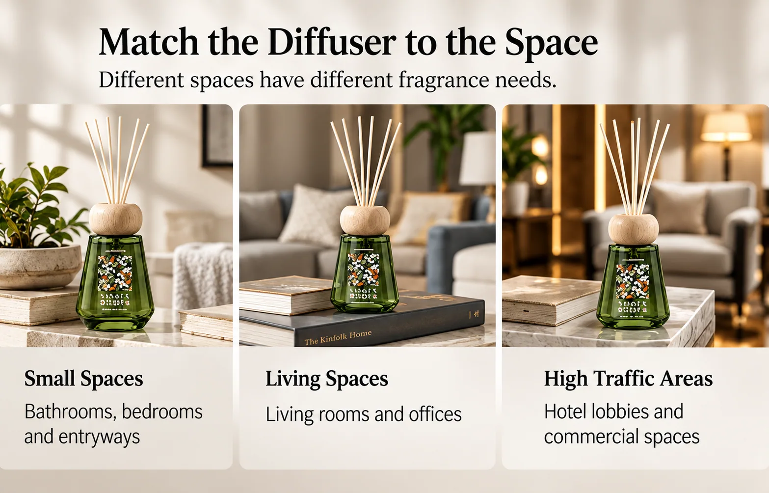 Reed diffuser placement examples for small spaces, living spaces and high-traffic commercial areas