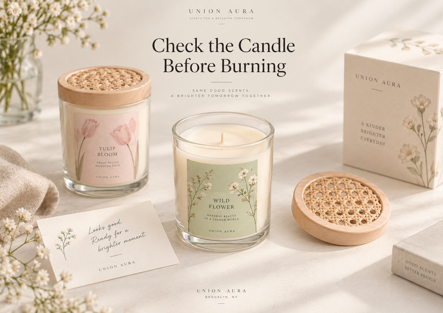 Unlit UNION AURA candle with its lid, carton and Day 0 approval card ready for inspection