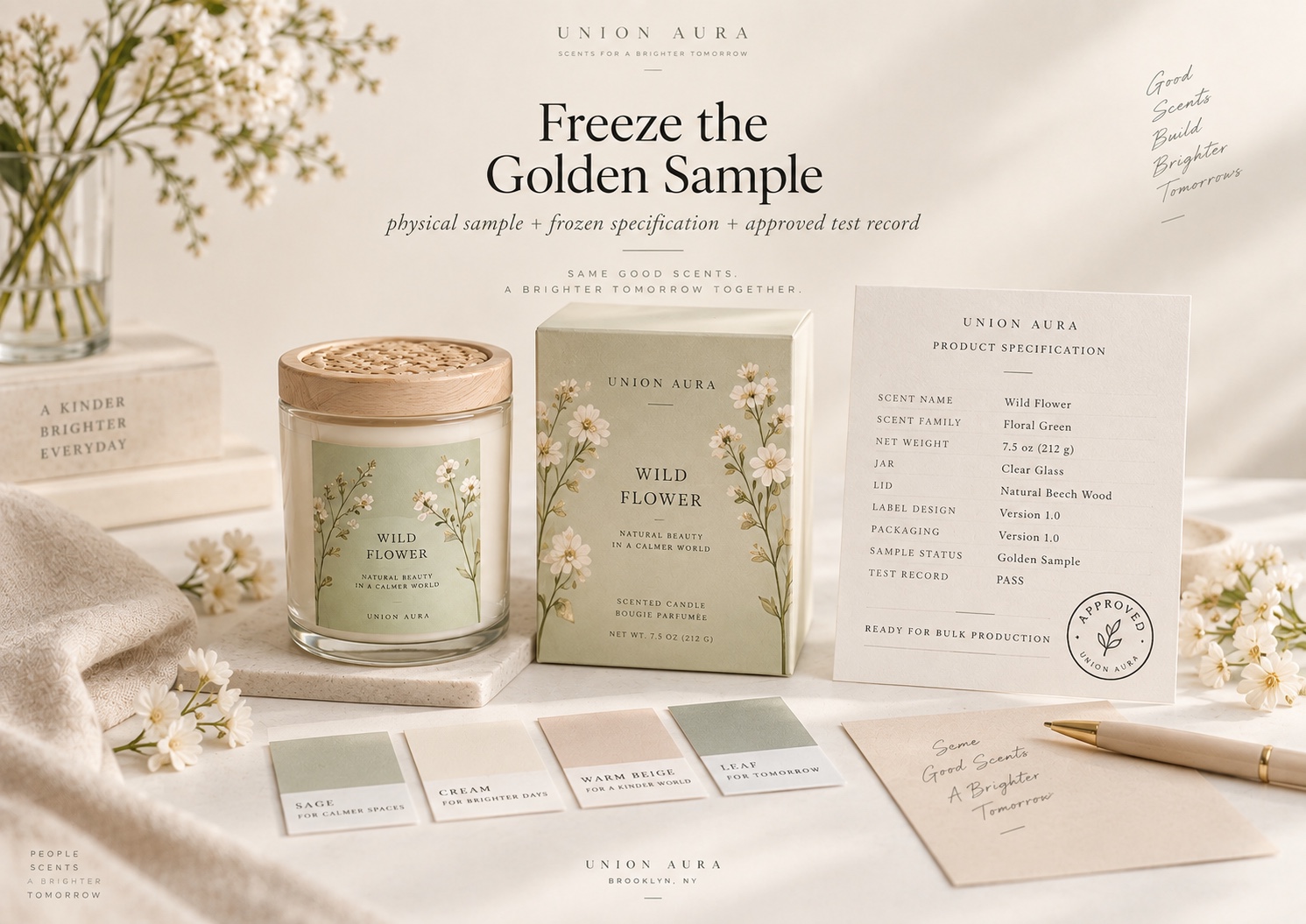 Approved UNION AURA Wild Flower candle, packaging and product specification sheet for bulk production
