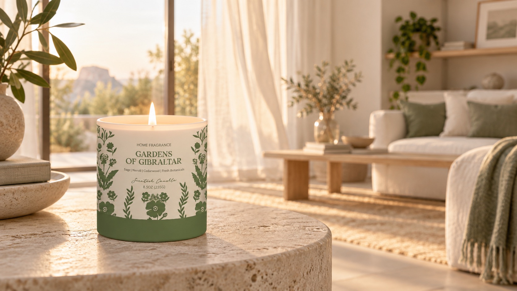 A burning scented candle releasing fragrance in a warm living room