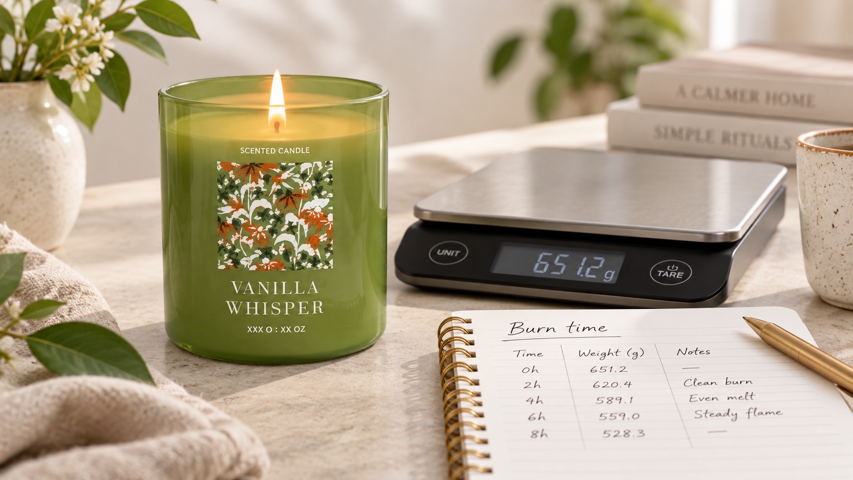 Scented candle on a scale with a burn-time notebook recording candle weight and test observations