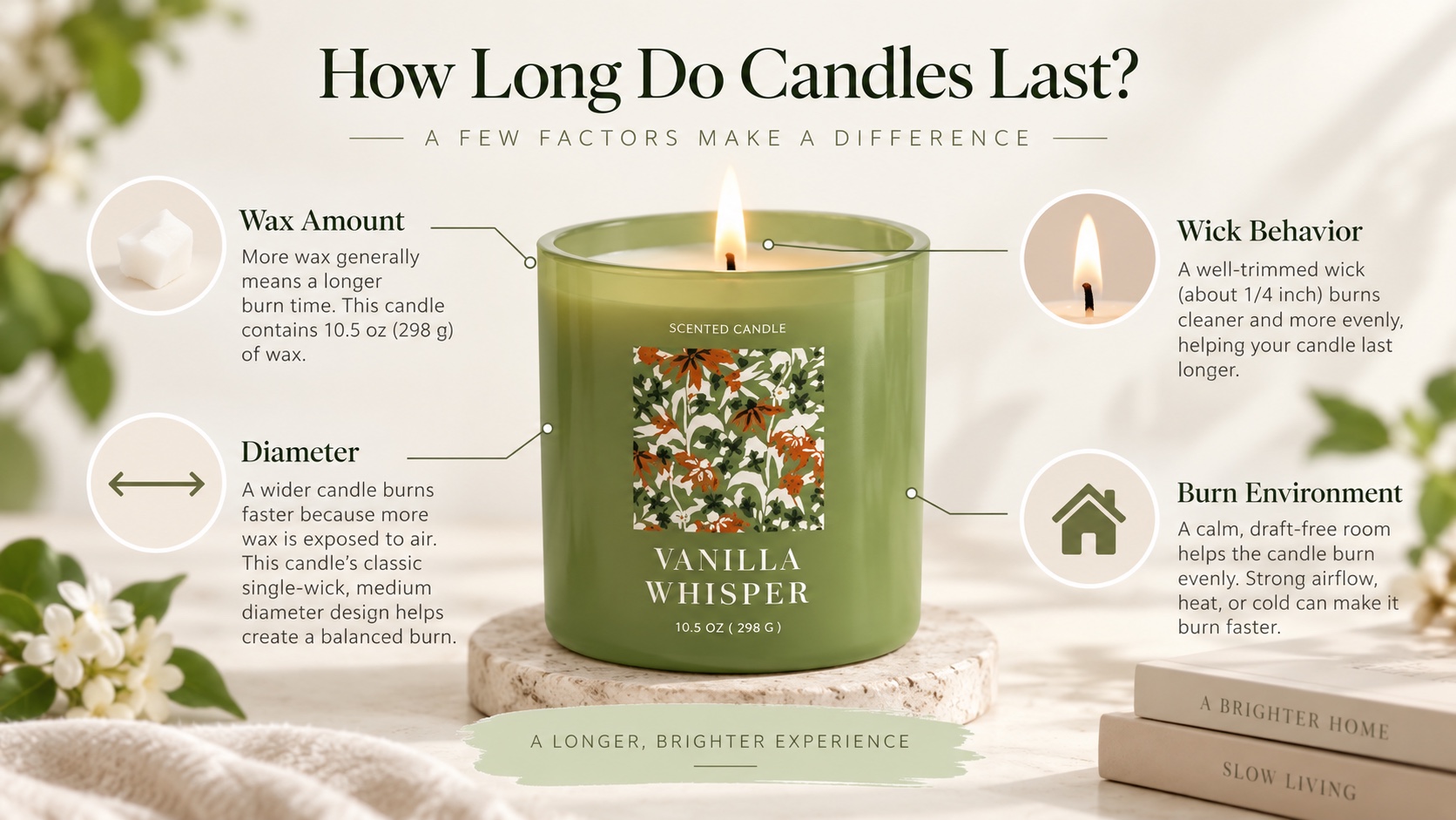 Candle burn time guide showing the effect of wax amount, diameter, wick behavior and burn environment