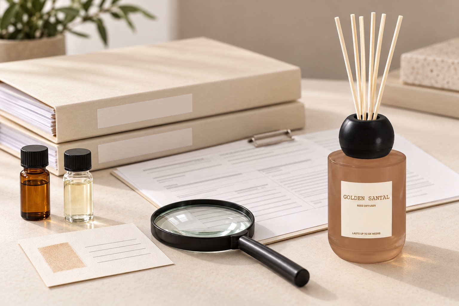Essential oil and reed diffuser samples arranged with specification documents and a magnifying glass