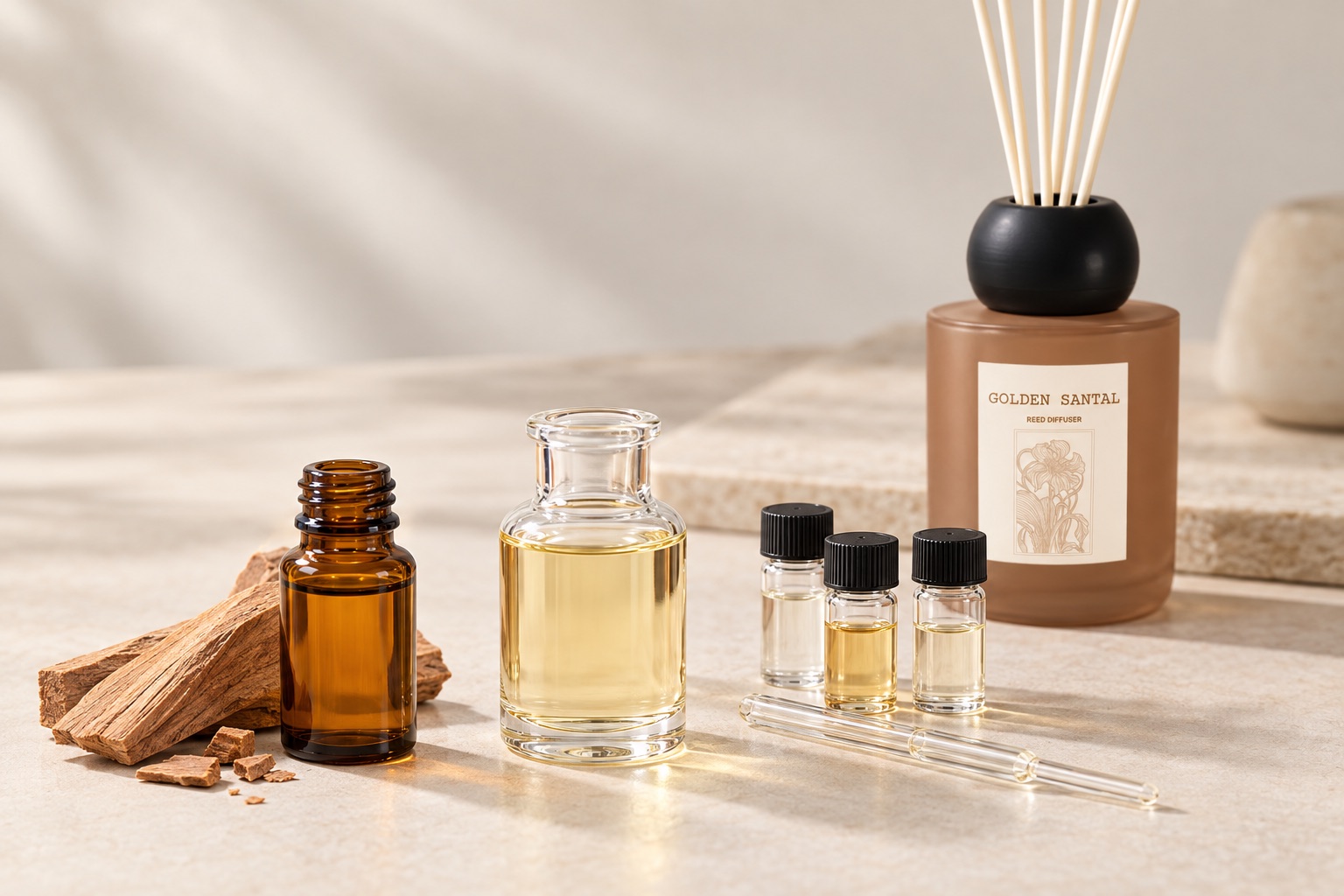 Essential oil, diffuser base and fragrance samples arranged beside a Golden Santal reed diffuser
