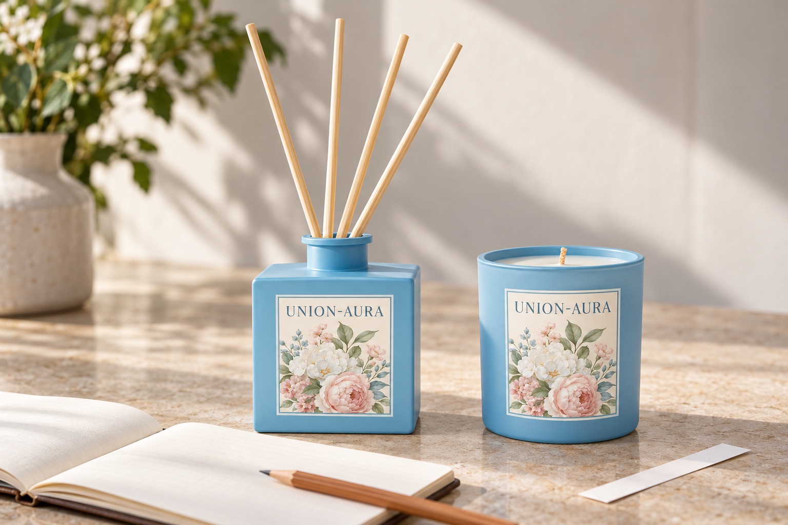 Coordinated blue floral candle and reed diffuser beside a fragrance development notebook