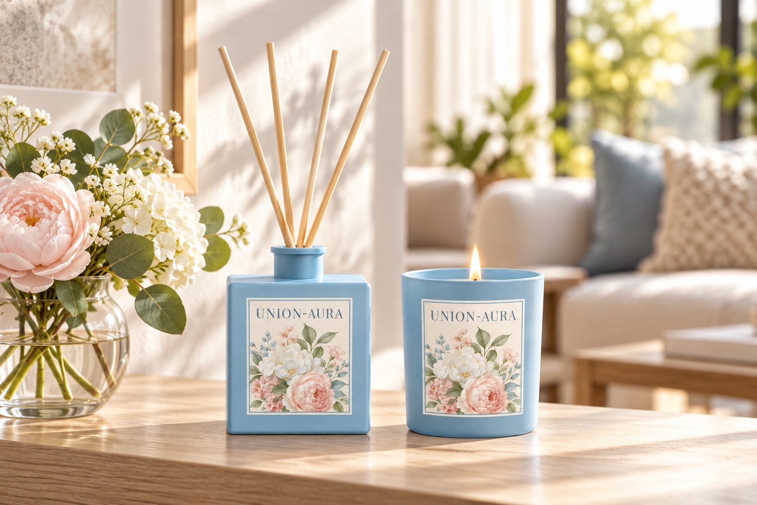 Matching blue floral candle and reed diffuser displayed together in a bright living room