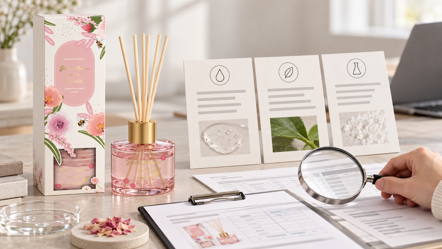 Buyer reviewing reed diffuser ingredient, natural-origin and laboratory documents with a magnifying glass