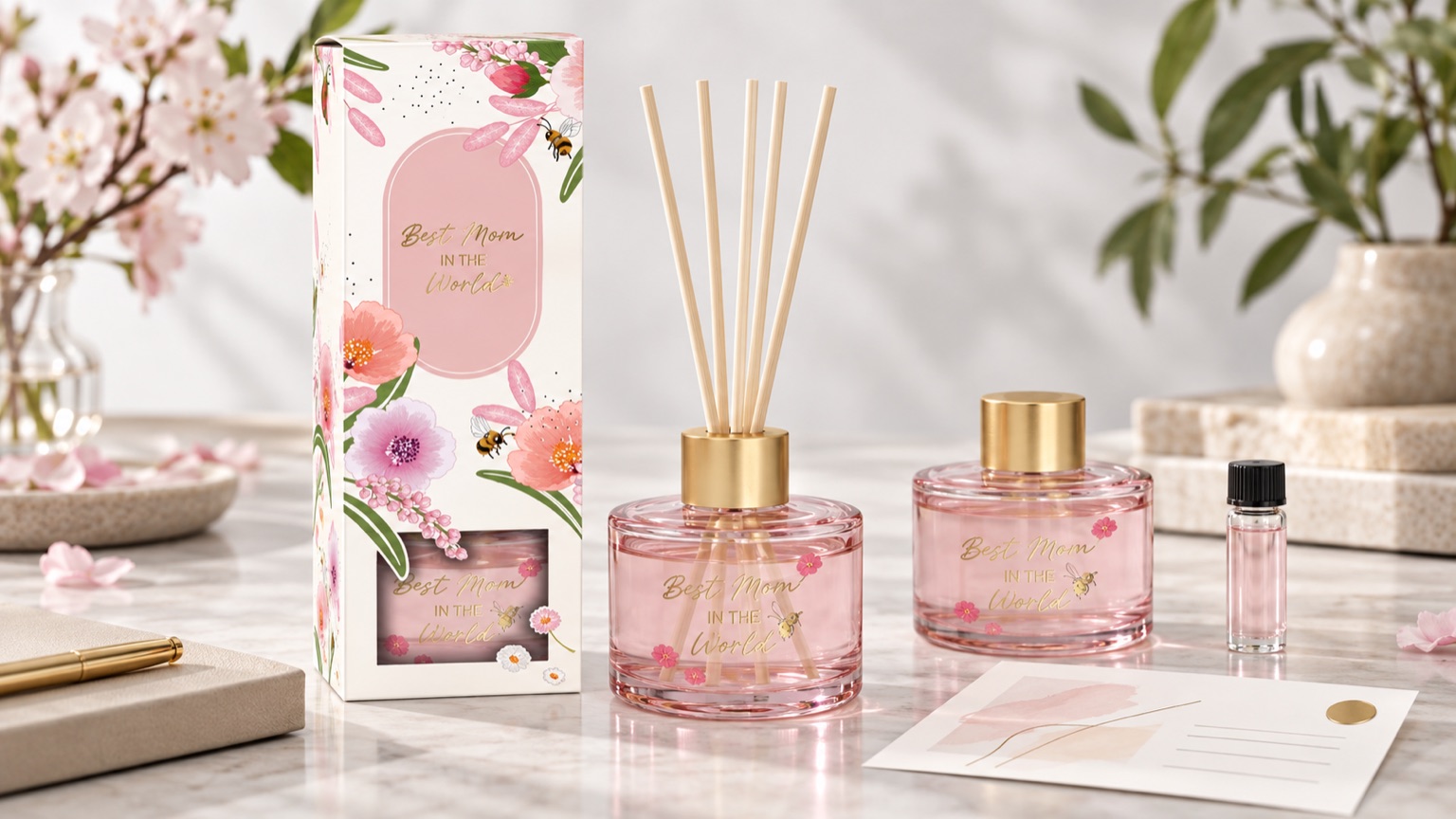 Finished pink reed diffuser, retail packaging and fragrance sample prepared for Golden Sample approval