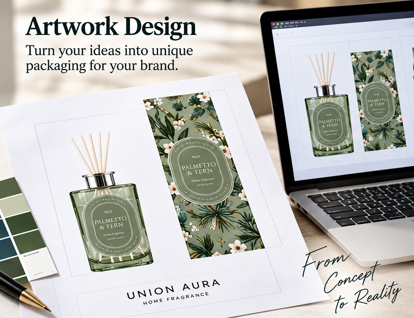 Reed diffuser packaging artwork and brand color development on a design desk