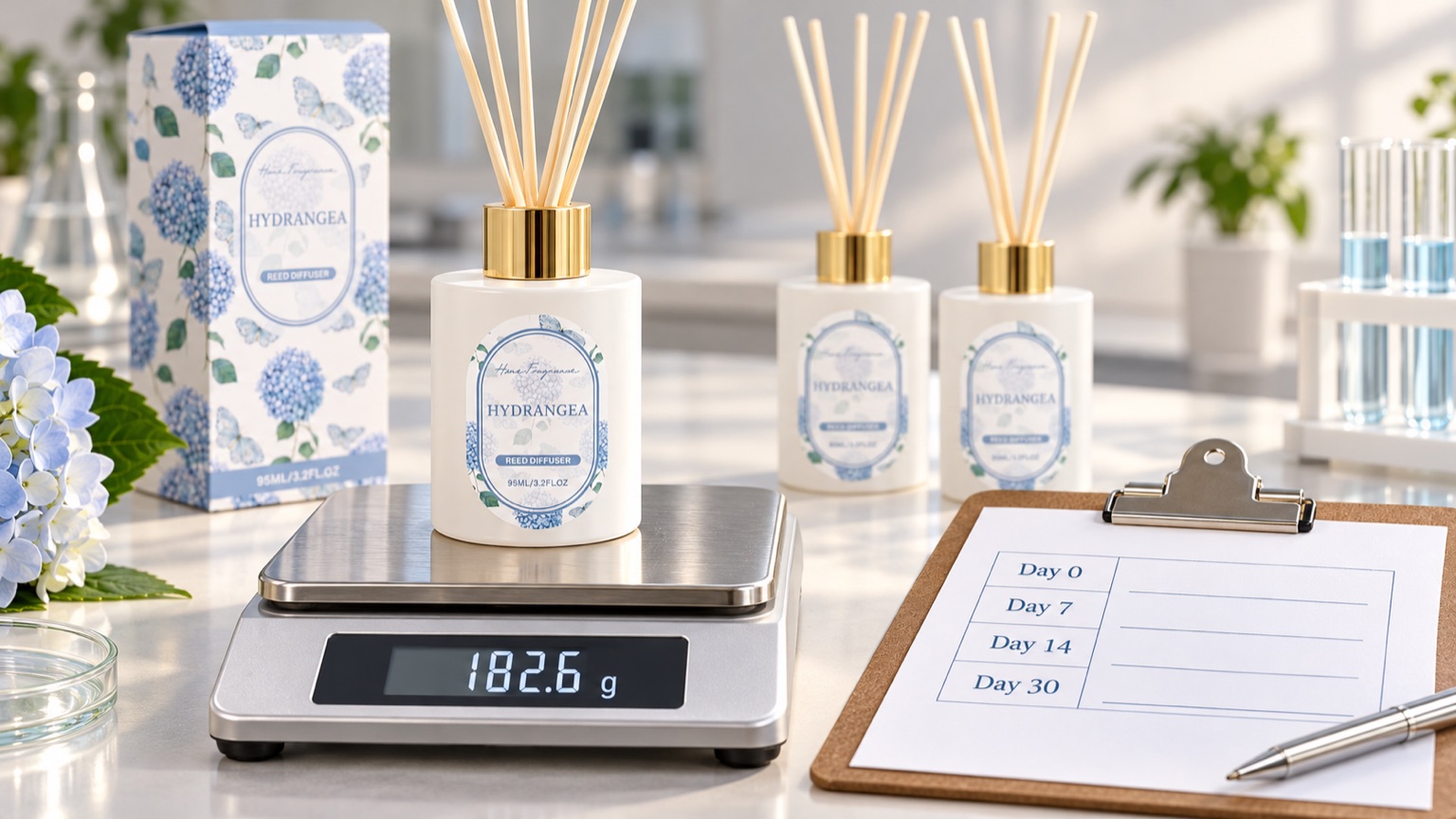 Hydrangea reed diffuser on a precision scale beside a Day 0 to Day 30 test sheet