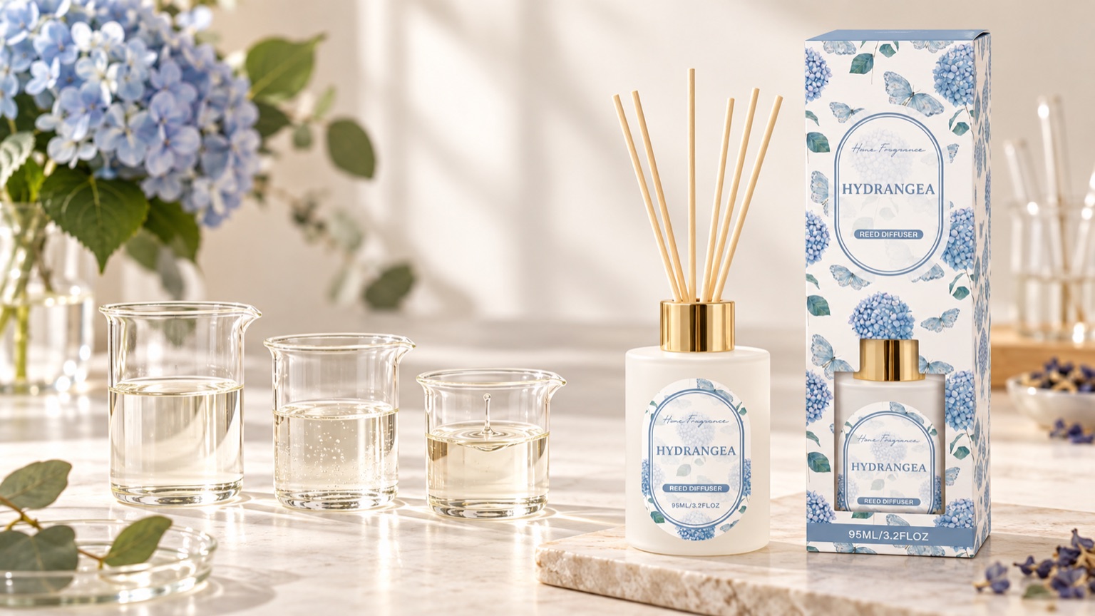 Three reed diffuser base samples compared beside a finished Hydrangea reed diffuser