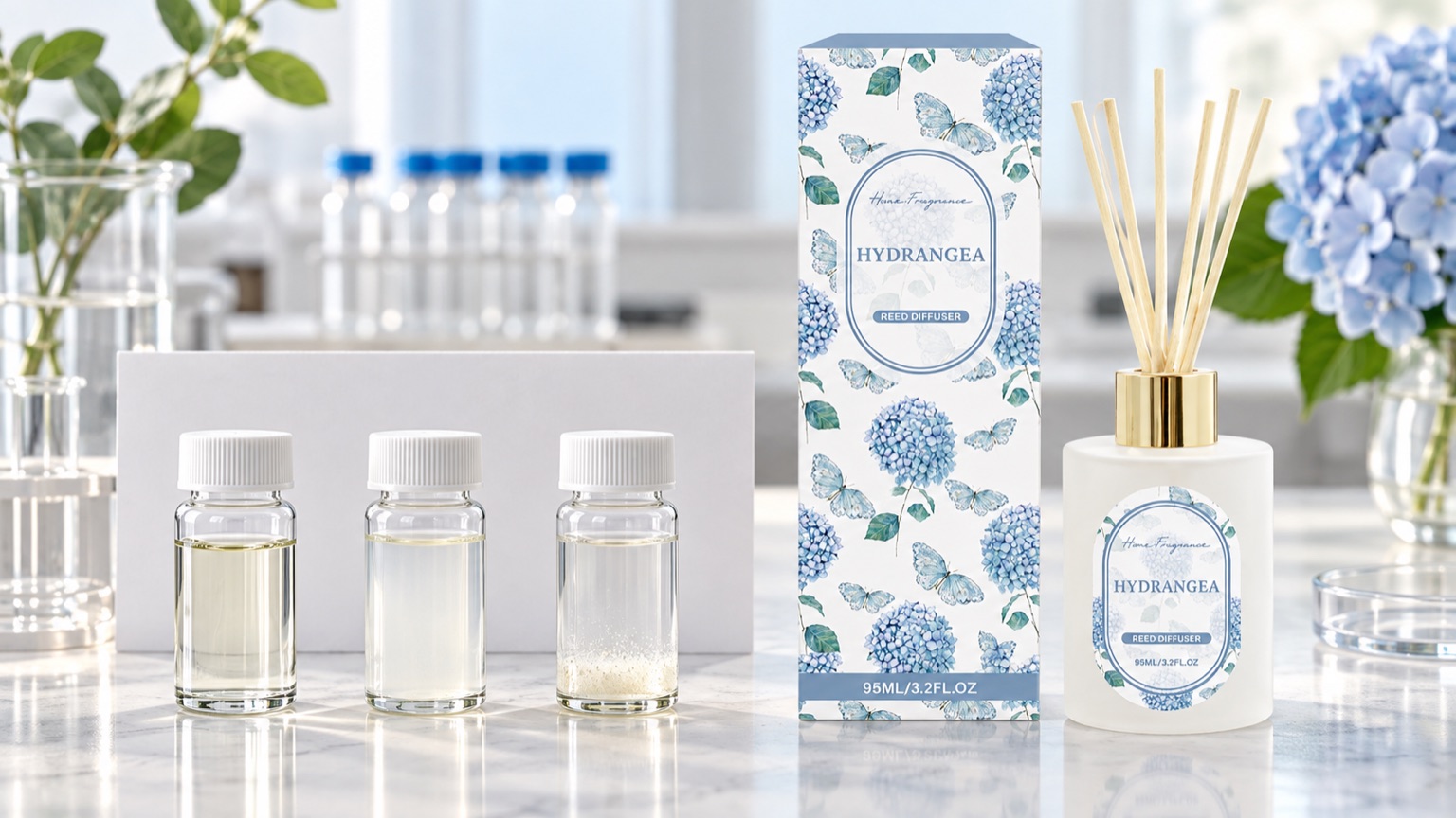 Three diffuser base samples arranged with a finished Hydrangea diffuser for formula compatibility testing