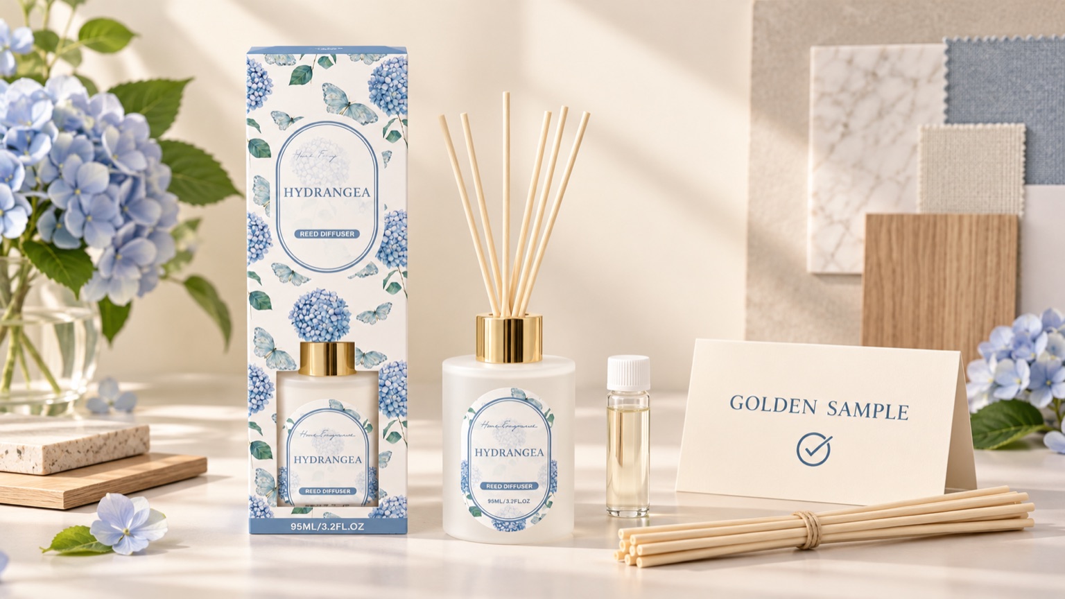 Approved Hydrangea reed diffuser, retail box, fragrance sample and bundled reeds beside a Golden Sample card