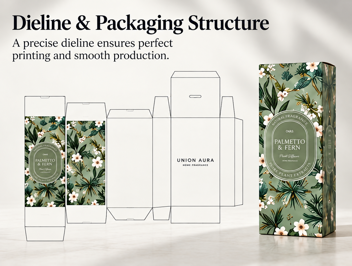 Reed diffuser folding carton dieline and finished printed packaging