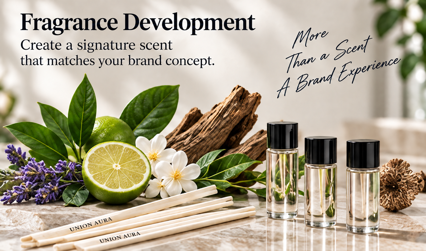 Fragrance oils, citrus, flowers, wood and diffuser reeds used for scent development