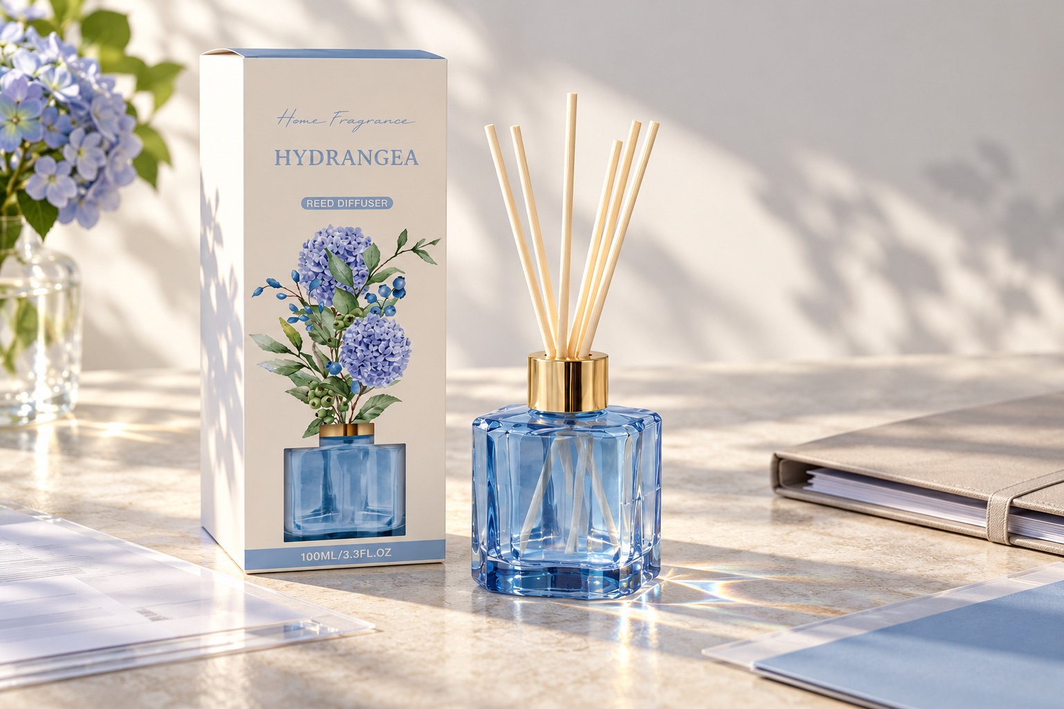 Blue Hydrangea reed diffuser and retail carton with label artwork documents ready for compliance review
