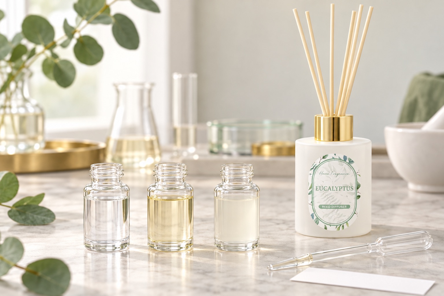 Three diffuser oil formula samples compared beside a finished eucalyptus reed diffuser