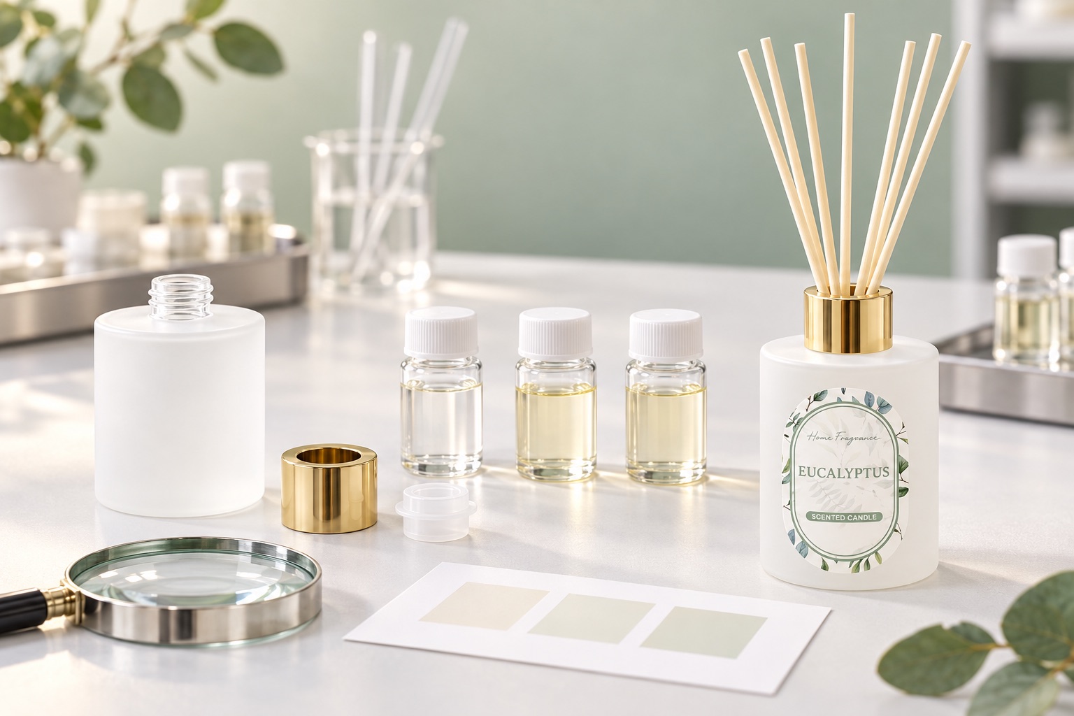 Reed diffuser formula samples and packaging components arranged for compatibility inspection