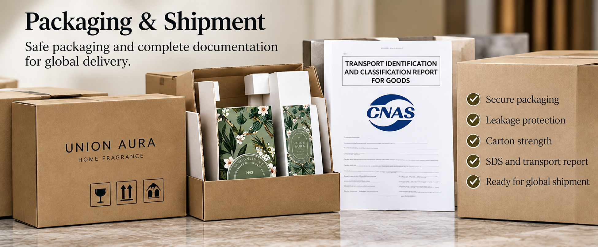 Custom reed diffuser export cartons, protective packaging and transport documentation