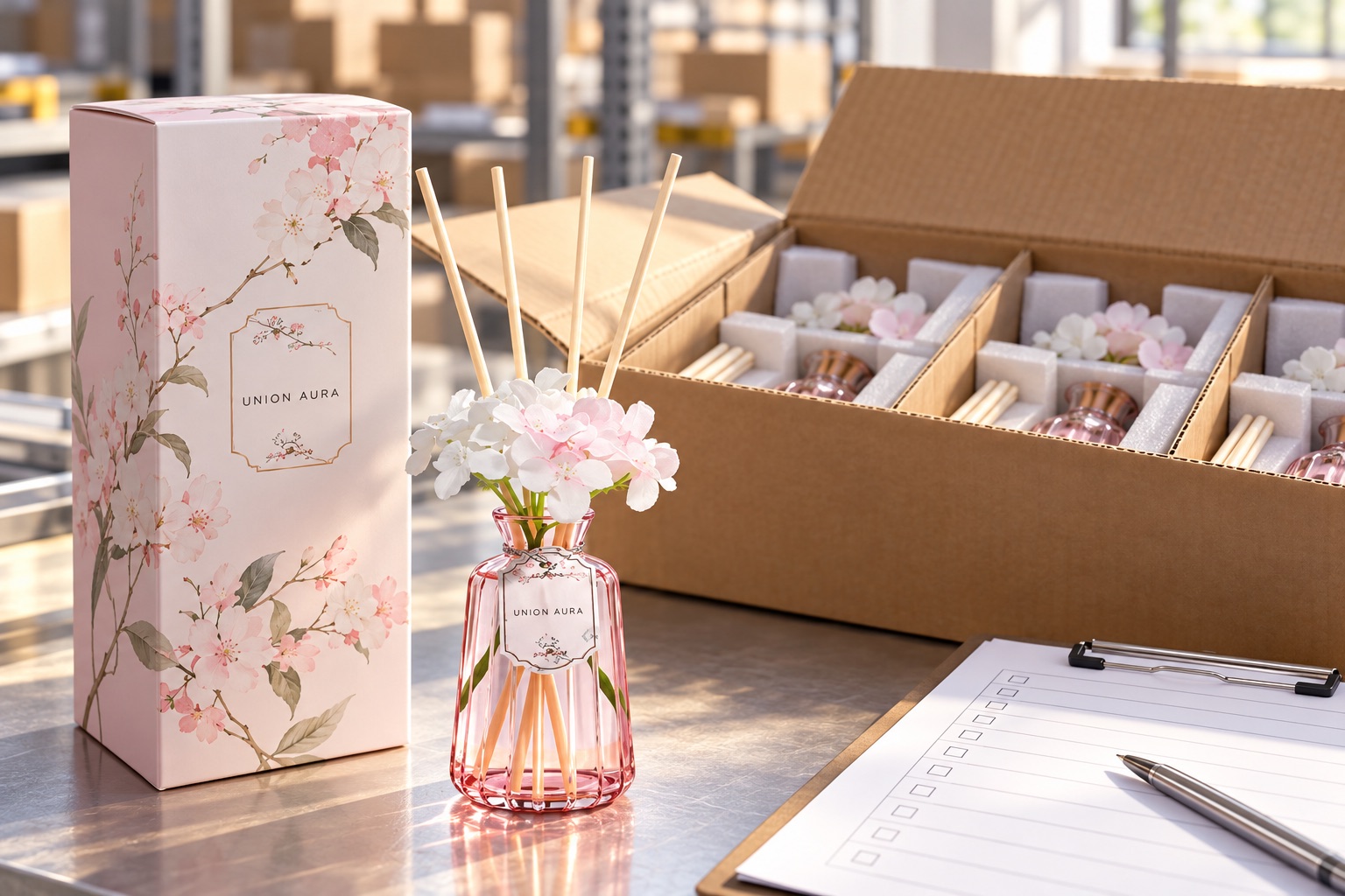 Pink reed diffuser, retail carton and packed shipping carton ready for pre-shipment inspection