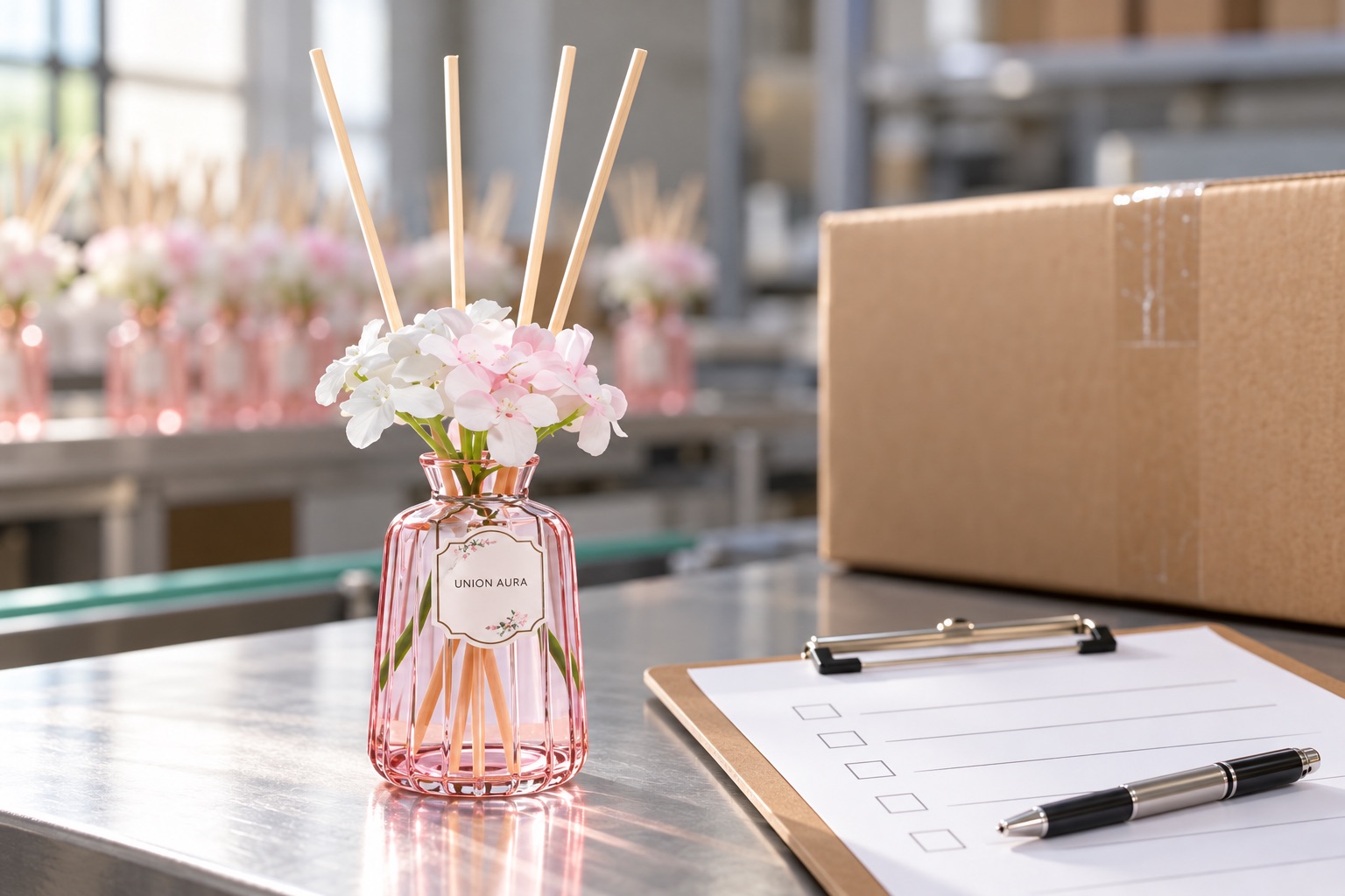 Finished pink reed diffuser beside a sealed carton and pre-shipment release checklist
