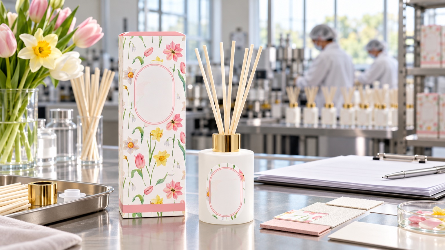 Finished reed diffuser and retail carton being checked in a production workspace