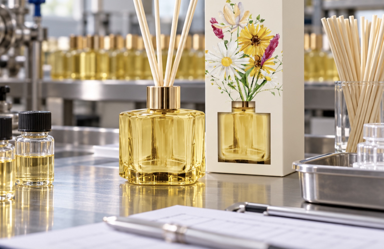 Finished reed diffuser, retail carton, formula samples and inspection record on a QC worktable