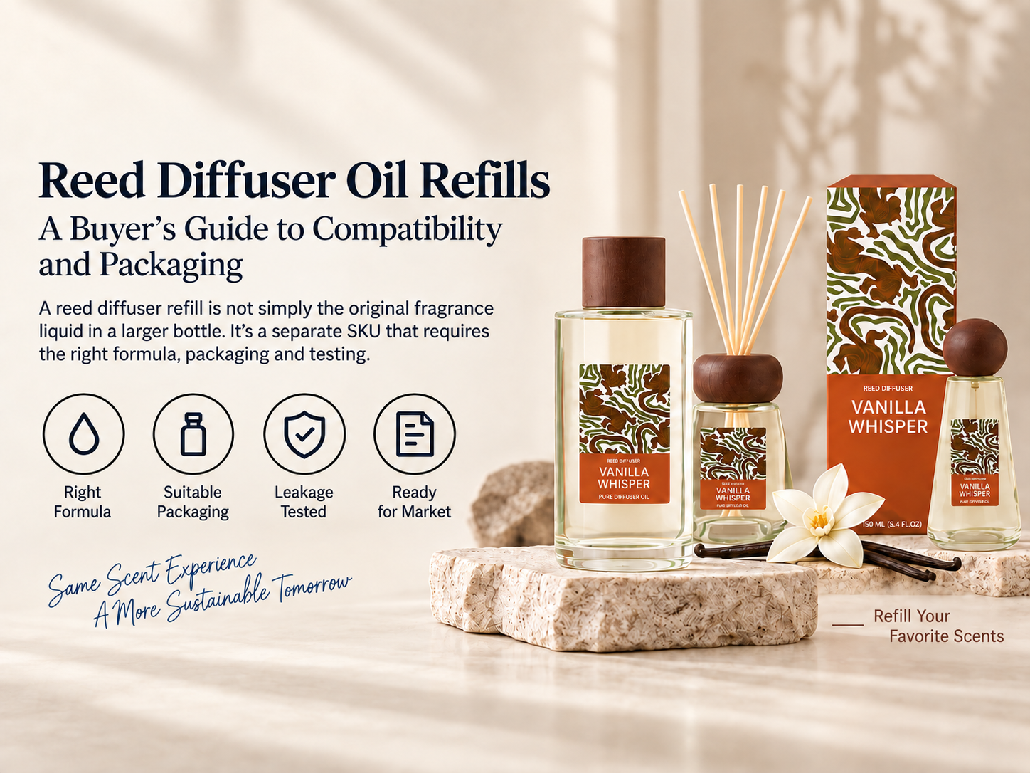 Reed diffuser oil refills buyer guide covering formula, packaging, leakage testing and market readiness