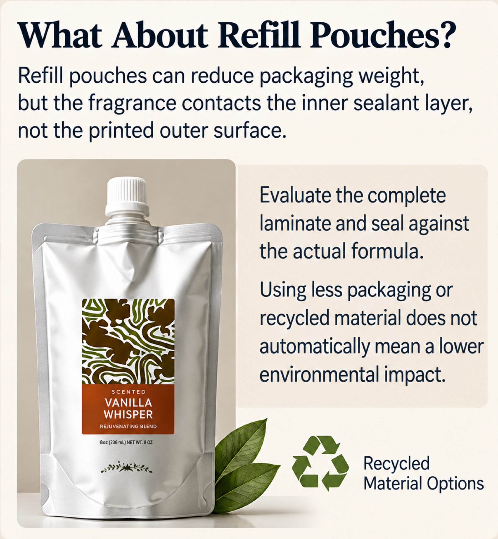 Reed diffuser refill pouch compatibility and recycled material considerations