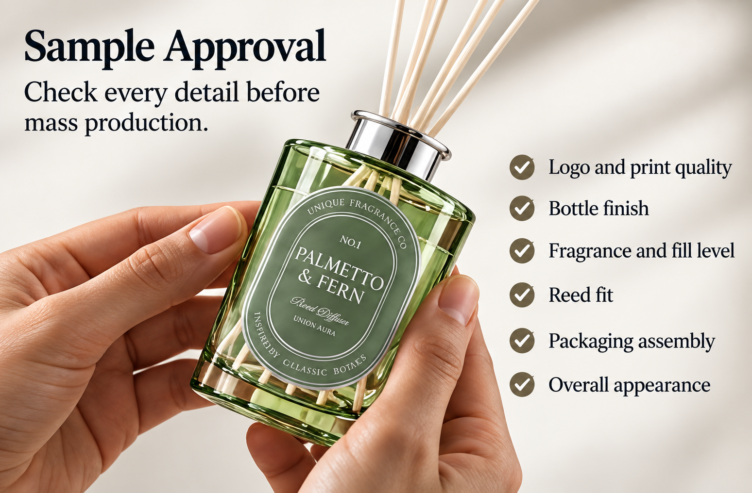 Physical reed diffuser sample being checked before mass production