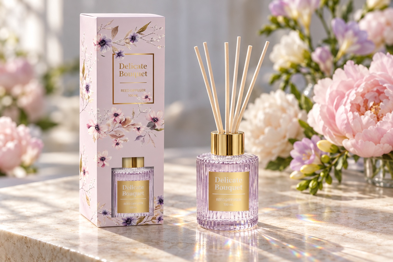 Sealed Delicate Bouquet reed diffuser and retail carton stored upright away from direct heat