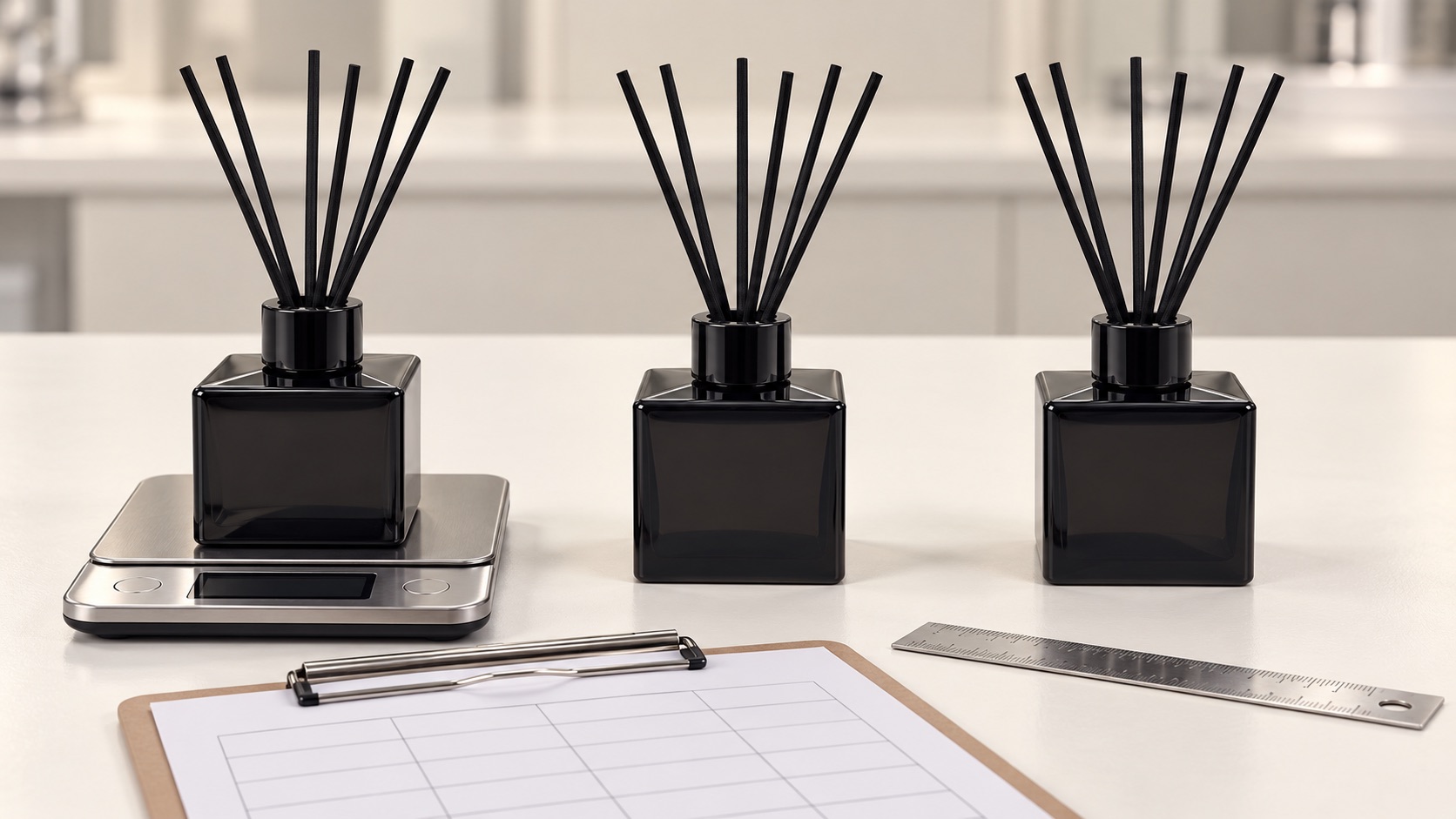 Three matching reed diffuser samples arranged with a scale, ruler and test record for a 30-day comparison
