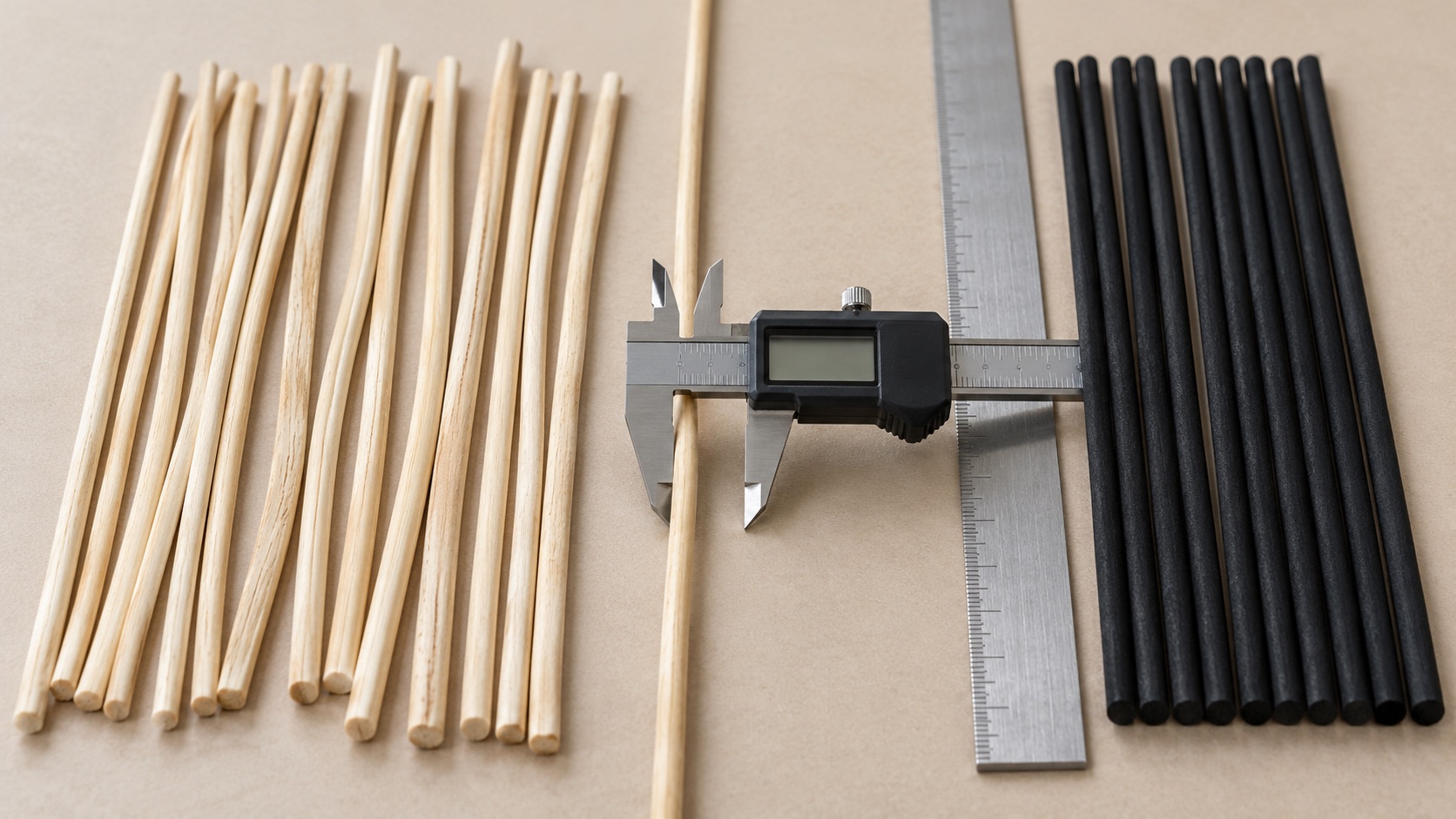 Rattan and black fiber diffuser reeds being checked with a digital caliper and ruler