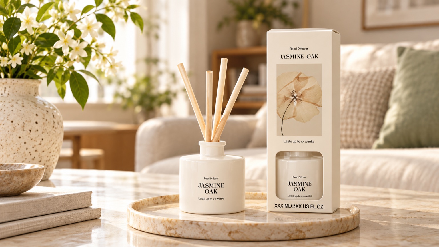 Jasmine Oak reed diffuser releasing fragrance naturally in a living room