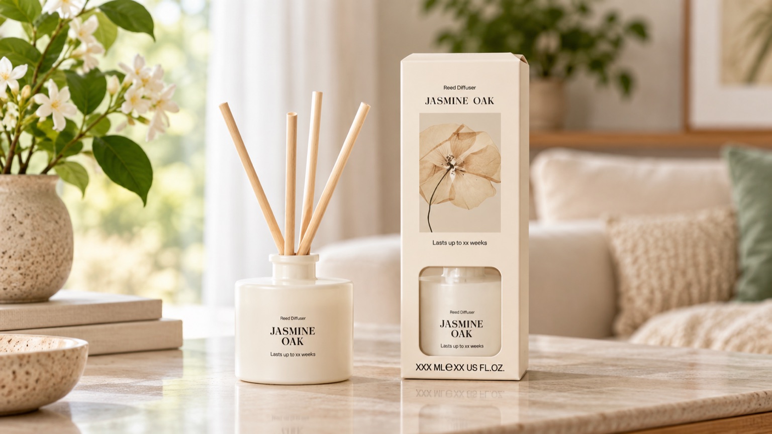 Jasmine Oak reed diffuser positioned away from direct sunlight and heat