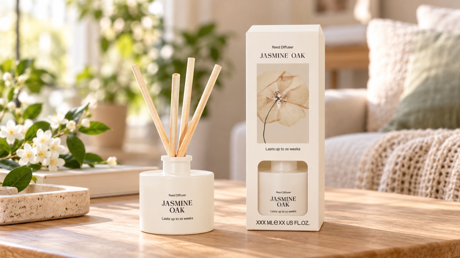 White reed diffuser placed on a stable living-room table with gentle natural light