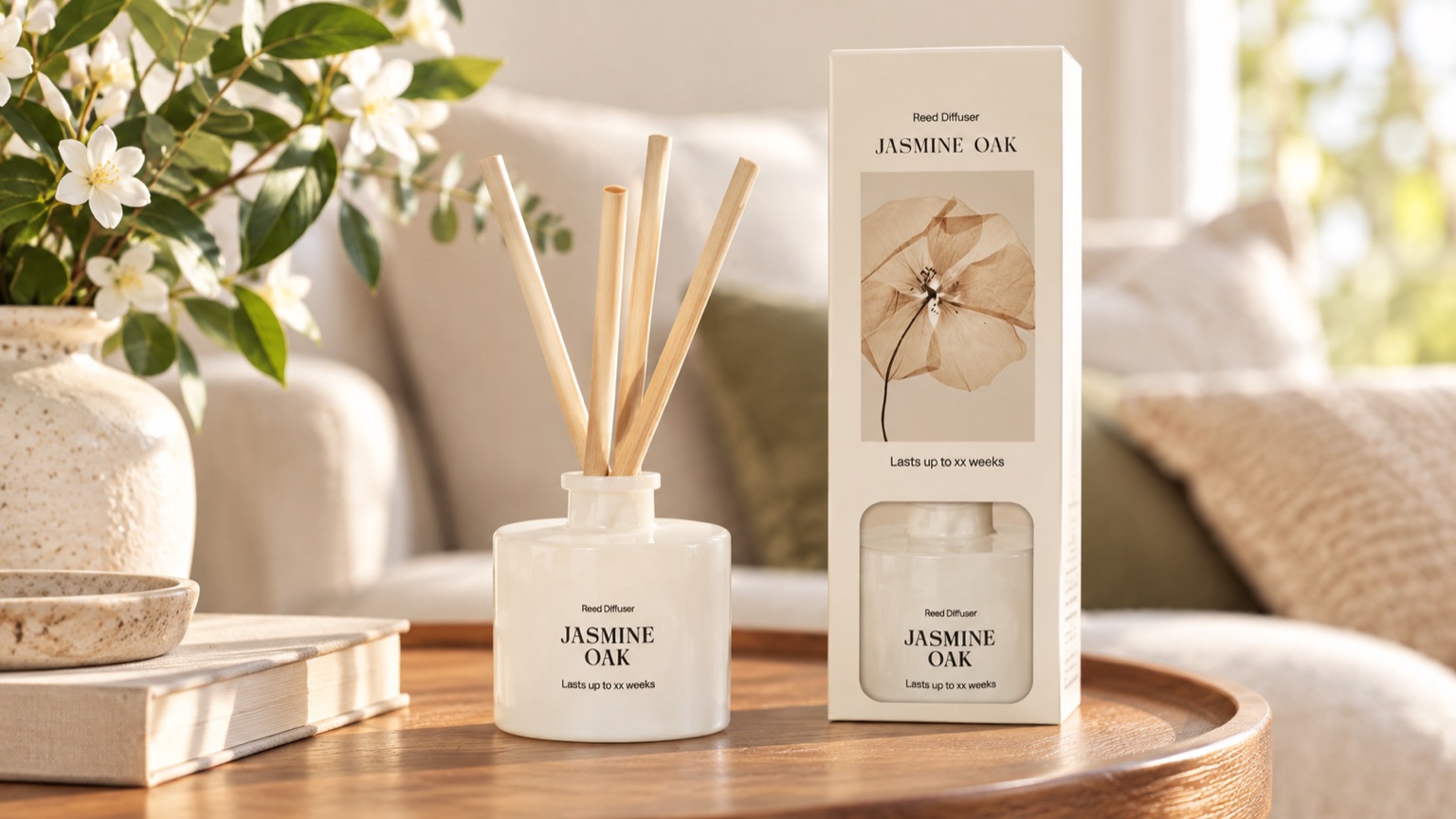 White Jasmine Oak reed diffuser settling in a bright living room