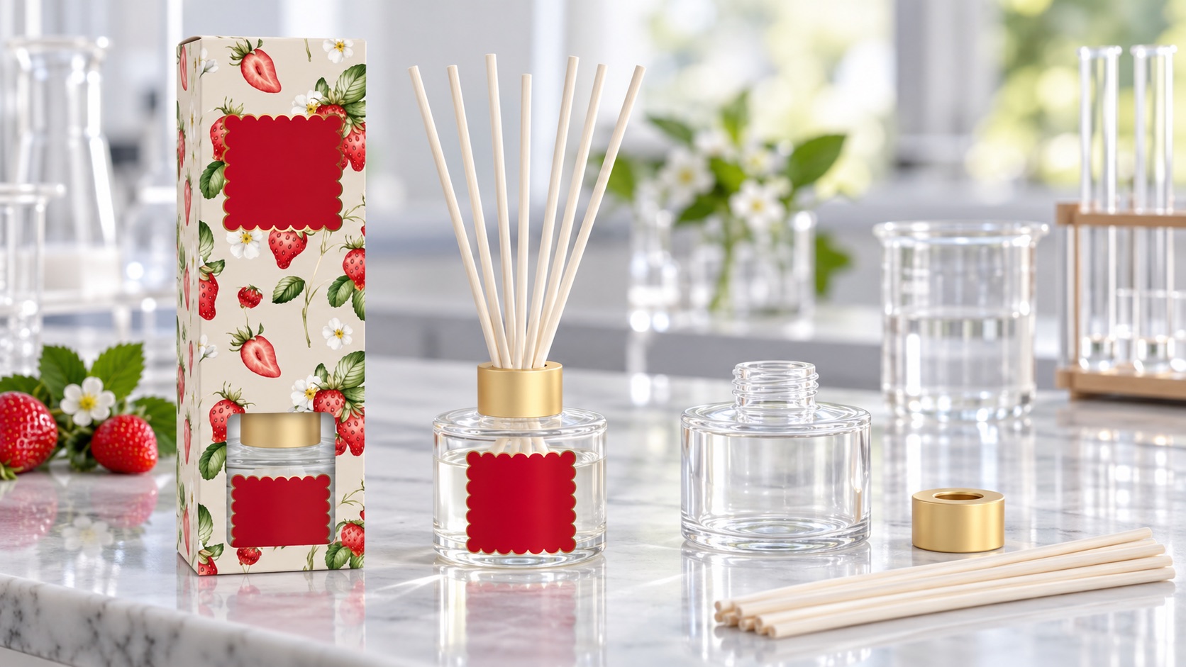 Reed diffuser set with bottle, collar, reeds and retail carton separated for component verification