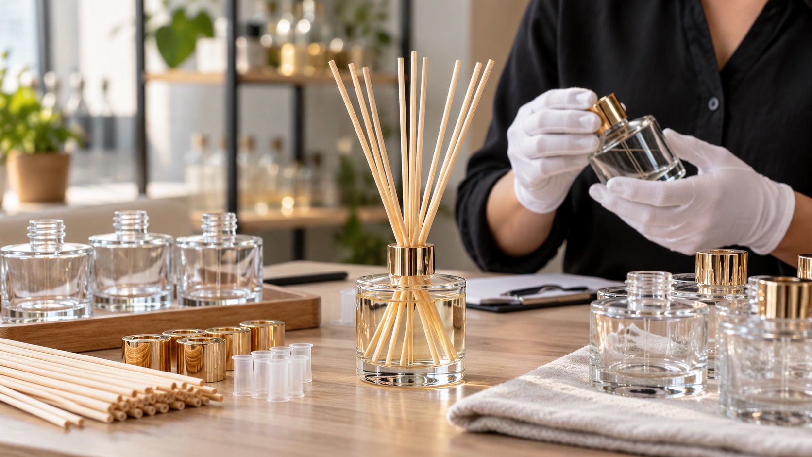 Factory inspector checking a reed diffuser closure beside bottles, collars, stoppers and reeds