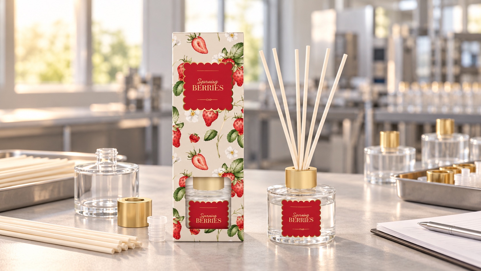 Private label reed diffuser, retail carton and production components arranged for a supplier audit