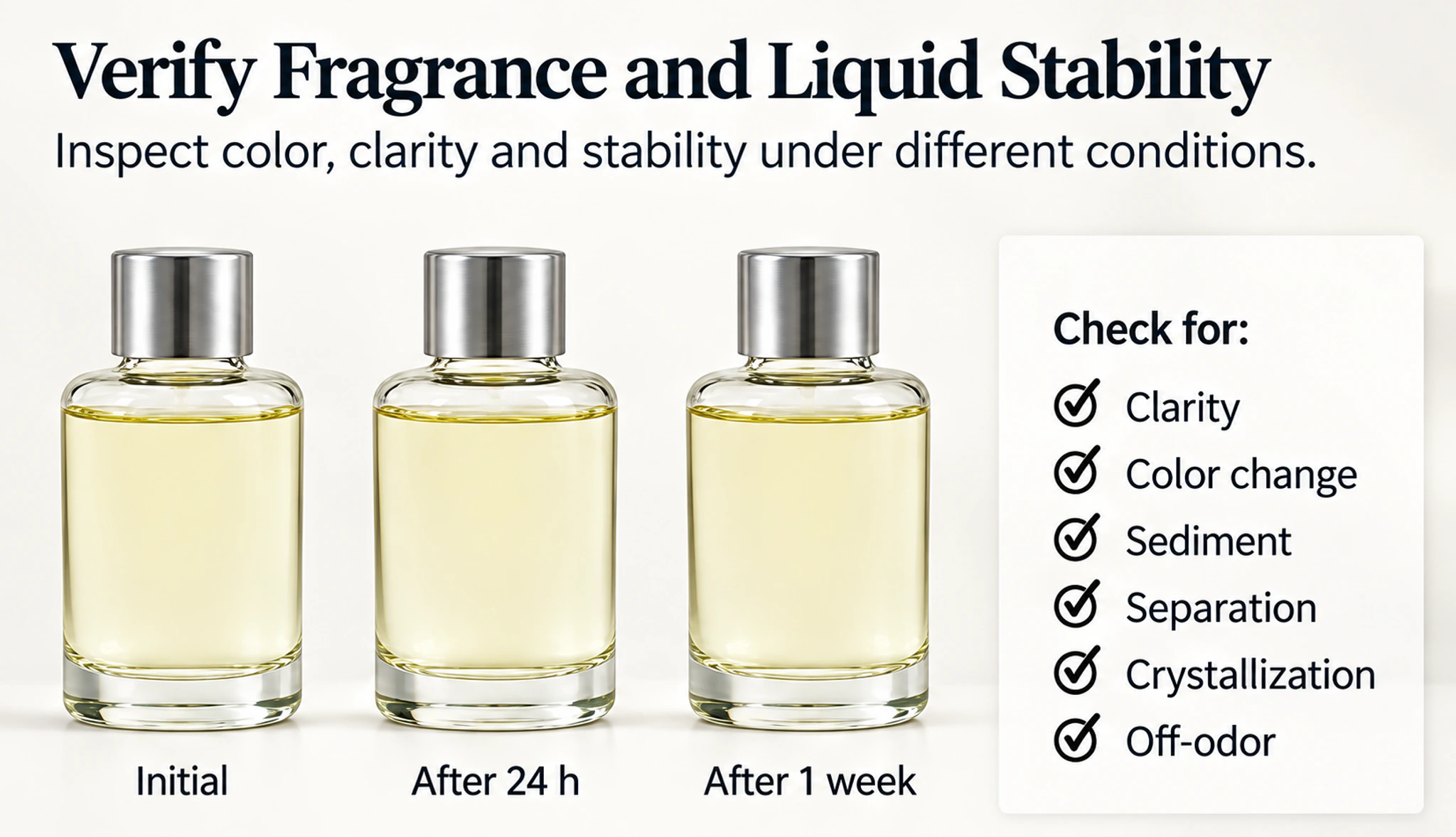 Reed diffuser fragrance liquid stability checks for clarity, color and compatibility
