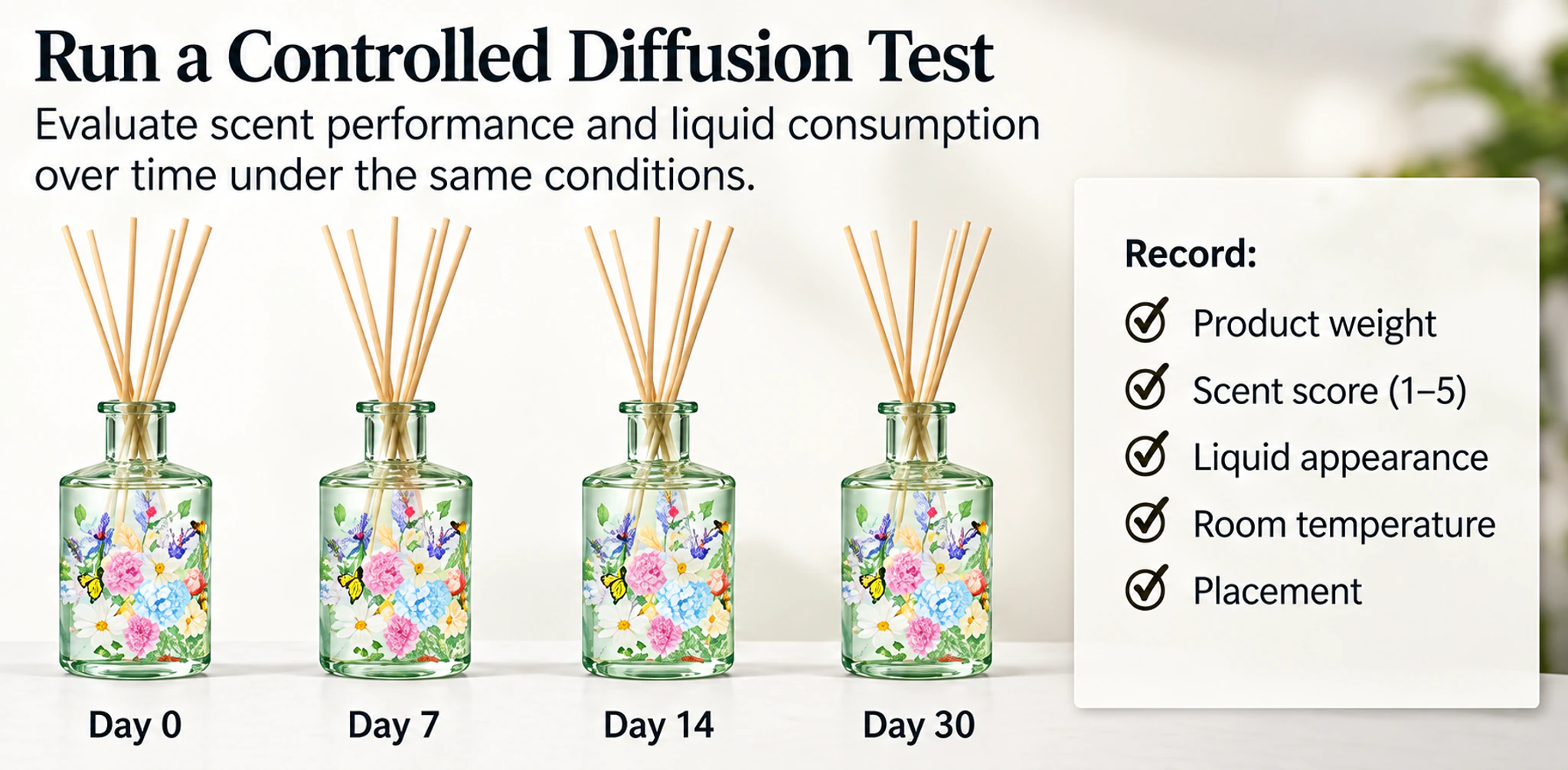 Controlled reed diffuser performance test with recorded checkpoints