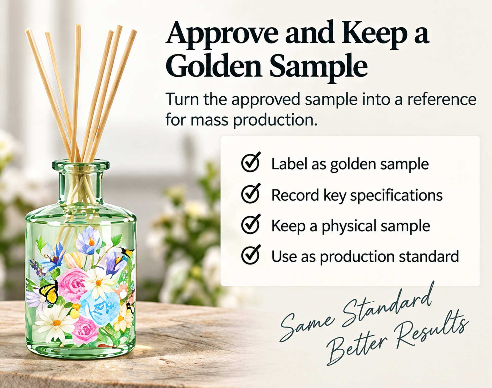 Approved reed diffuser golden sample retained as a mass-production reference