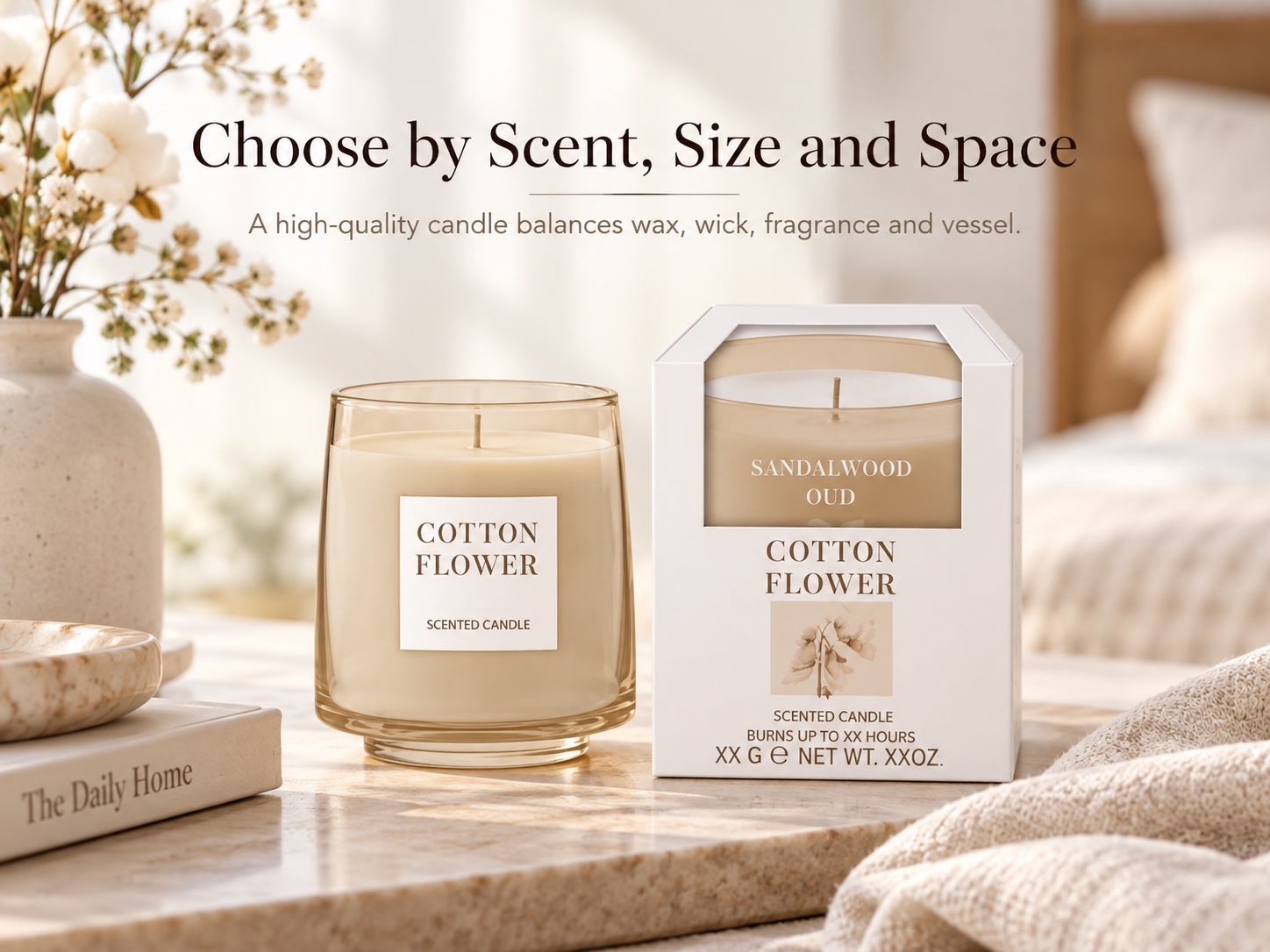 Cotton Flower scented candle shown with its retail box for choosing fragrance, size and room placement