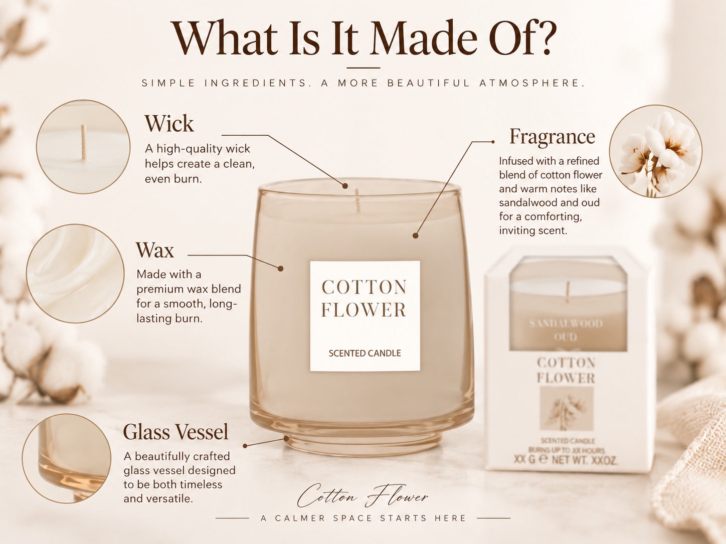 Scented candle component diagram identifying wax, wick, fragrance and glass vessel
