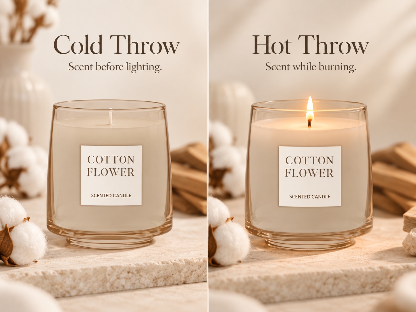 Comparison of cold throw before lighting and hot throw while a scented candle burns